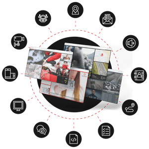 Omnimedia diagram showing composite screens in the middle of all kinds of sources