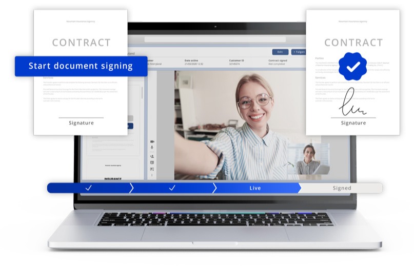 laptop showing progress bar with contract showing button with start document signing and another one with signature on it