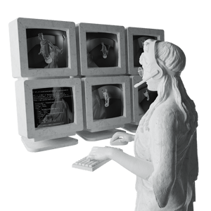 statue of elpis in front of six monitors