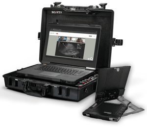 rugged suitcase box with a notebook inside showing a running Eyeson call with the Telemed system