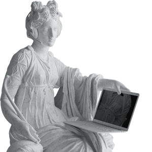 the muse thalia with a laptop on her lap and headphones in white marble